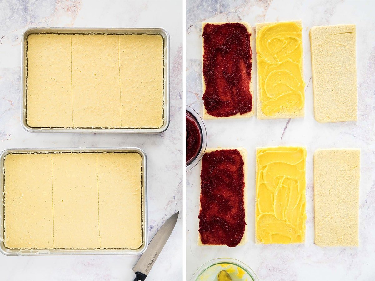 Two images: left, two jelly roll pans with cake. Right, each cake cut into three pieces, one covered with raspberry jam one with lemon curd