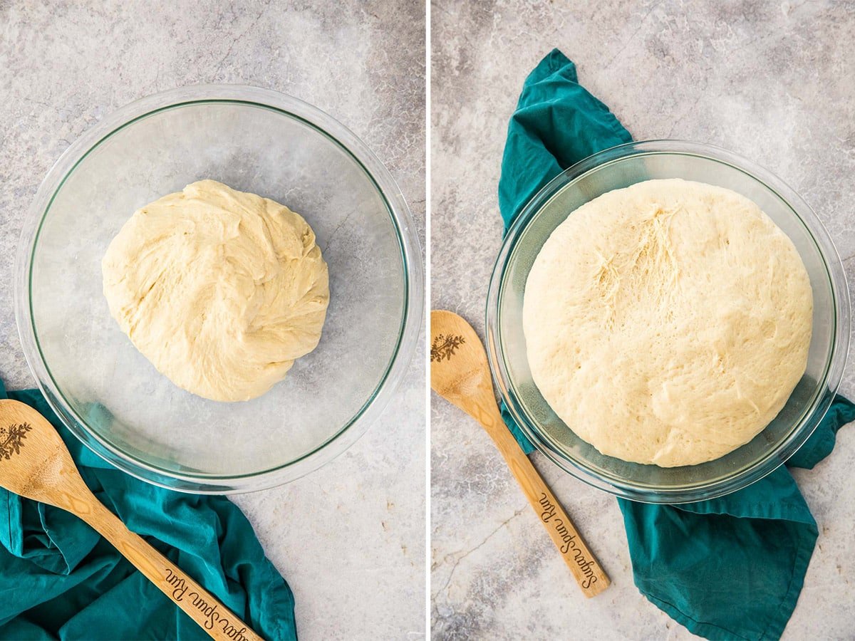 Two images: burger bun dough before rising (left) and doubled after rising (right)