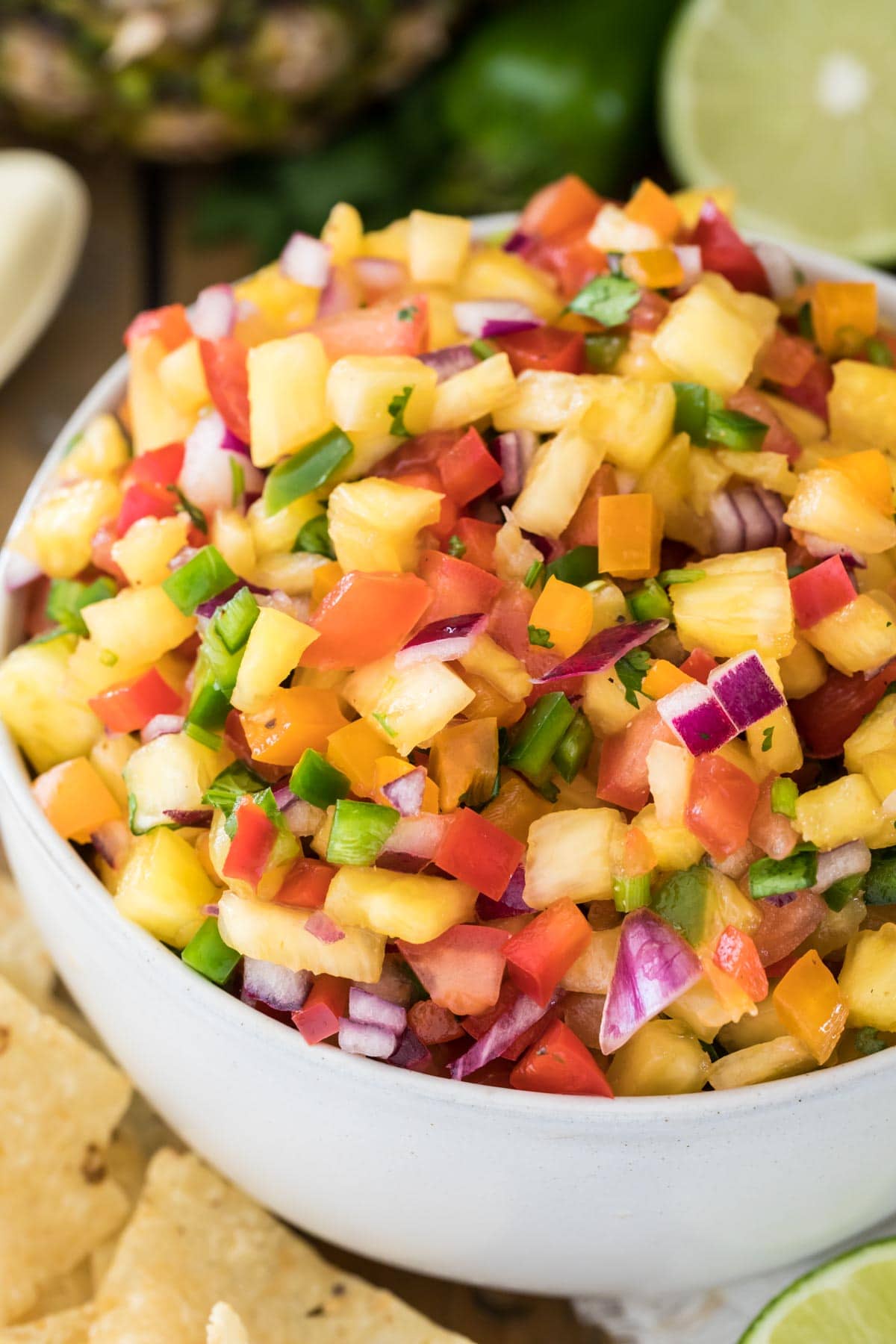 Pineapple salsa in a white bowl