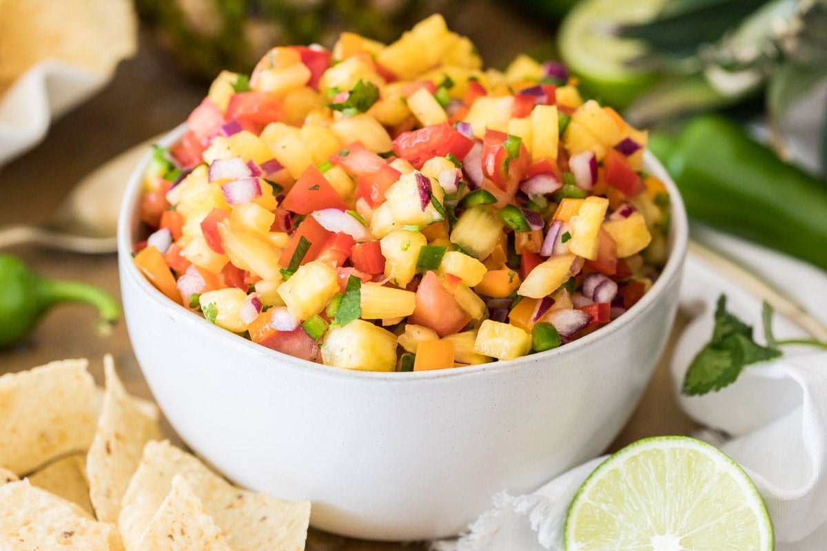 Pineapple salsa in a white bowl