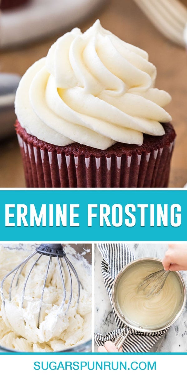 collage of ermine frosting, cupcake with icing on top, process photos underneath
