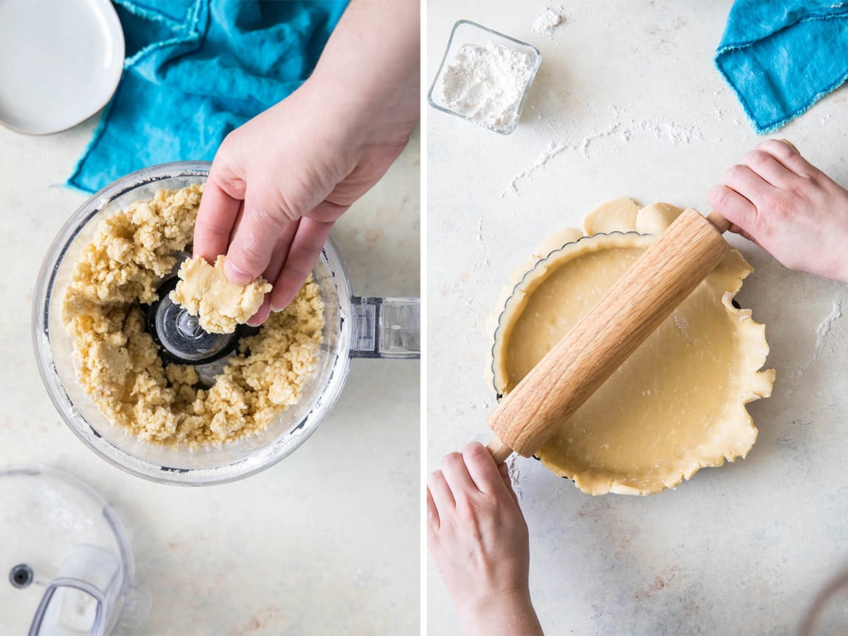 two images of tart dough. left: crumbly dough in food processor; right: rolling tart dough into tart pan with rolling pin to trim crust