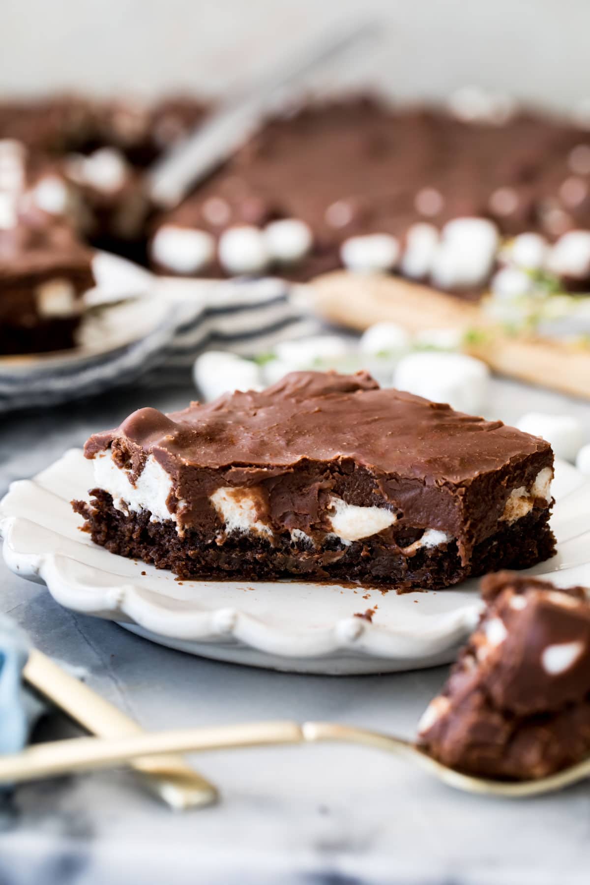 mississippi mud cake on white plate with forkful cut out