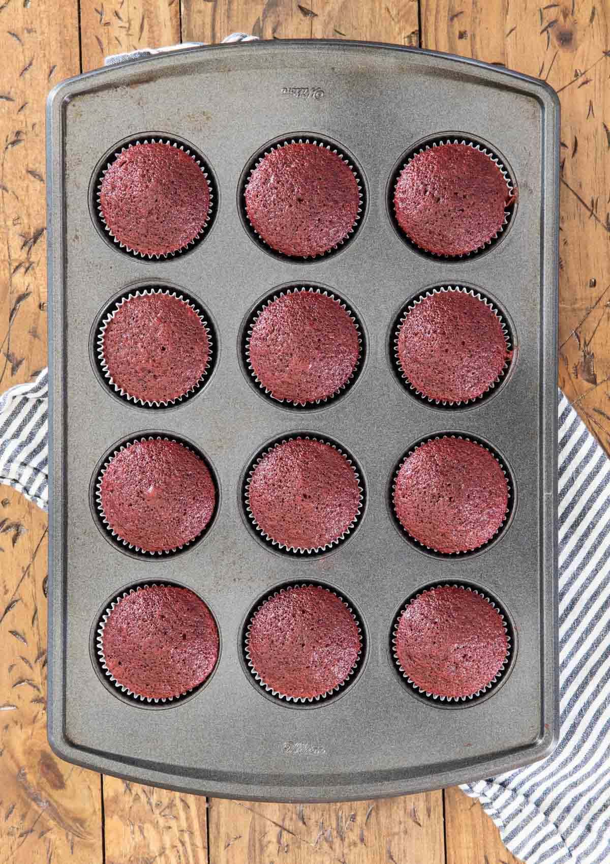 overhead of cupcakes in baking tin