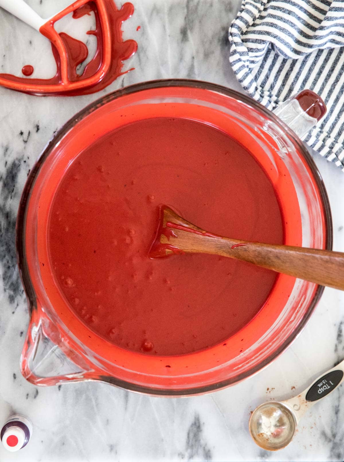 red velvet cake batter in glass bowl