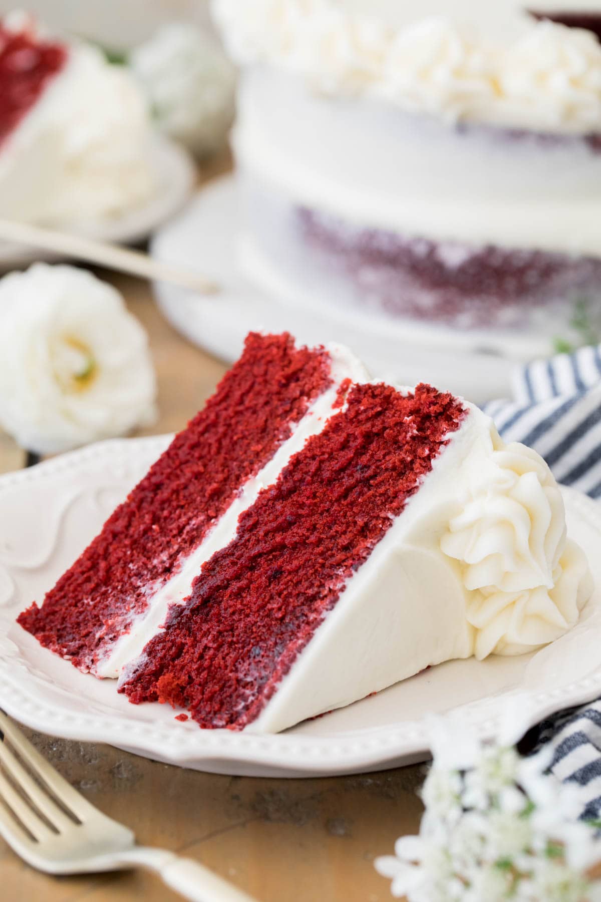 slice of red velvet cake on plate