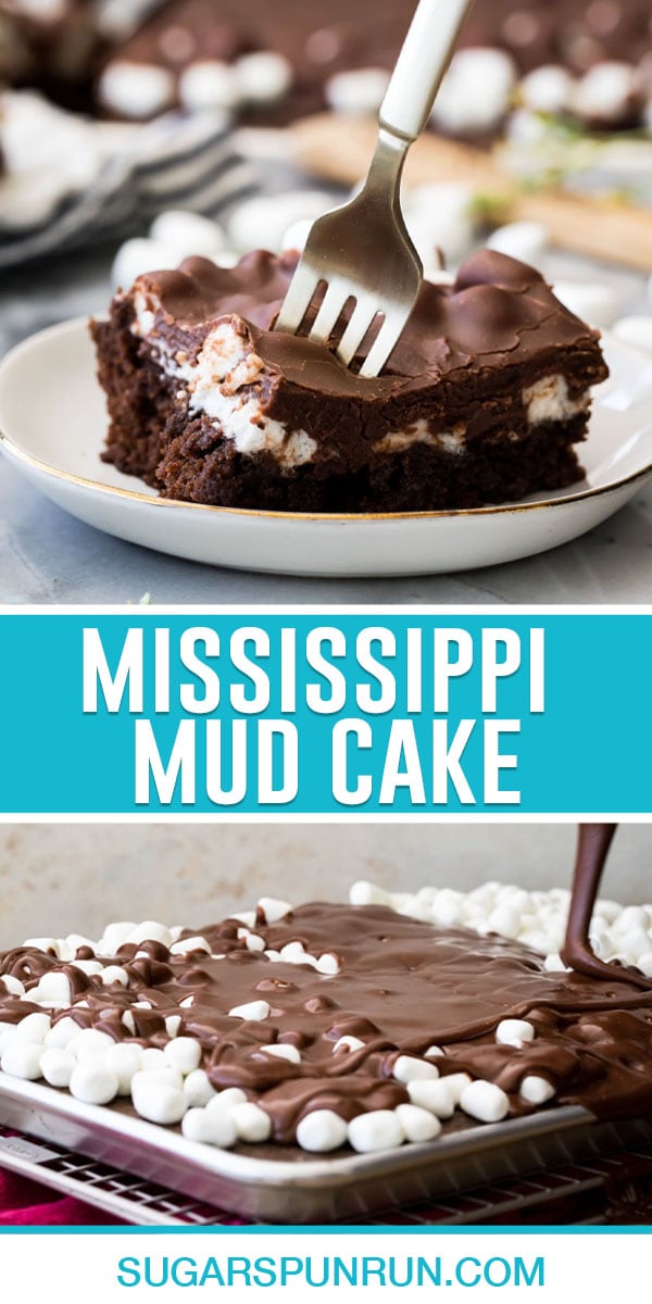 collage of mississippi mud cake on top, pouring chocolate over whole cake bottom