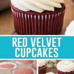 collage of red velvet cupcakes, cupcake with frosting on top, cupcakes with and without frosting on the bottom