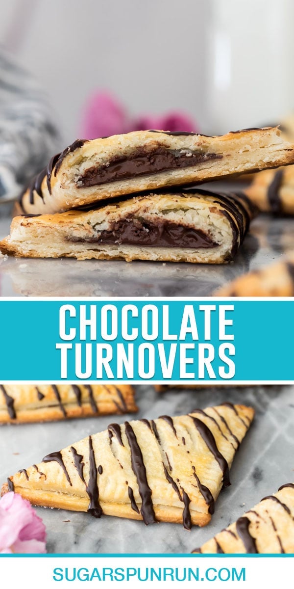 collage of chocolate turnovers, top image of cut open turnover with chocolate center, bottom, full turnover with chocolate drizzled on top