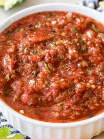 white dish filled with restaurant-style homemade salsa