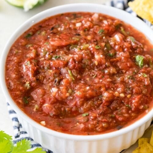 white dish filled with restaurant-style homemade salsa