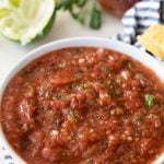 picture of fresh homemade salsa in a bowl with teal header bar with title