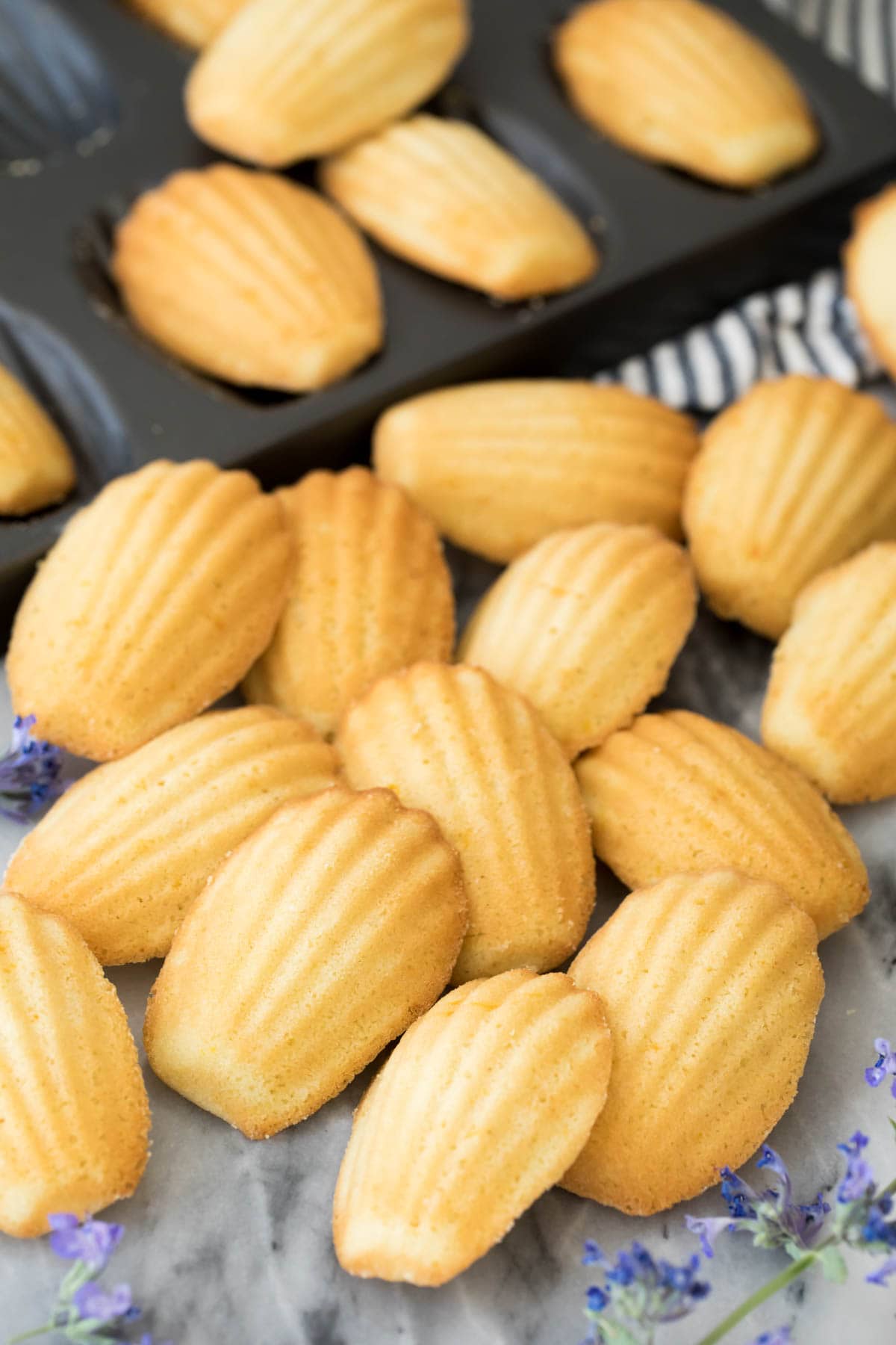 Madeleines arranged on marble board, pan in background