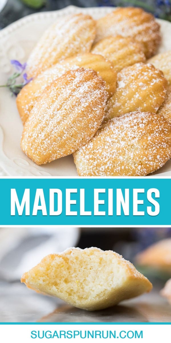 collage of madeleines, top plate full of madeleines dusted in powdered sugar, bottom picture of inside of cookie