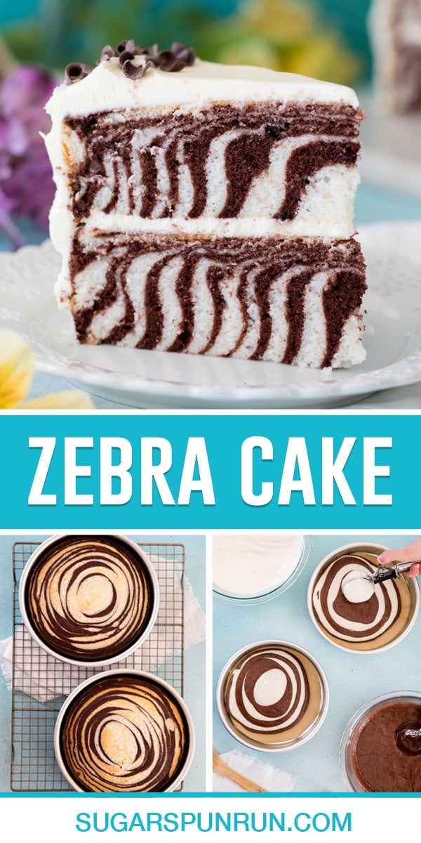 collage of zebra cake, top slice of cake on white plate, bottom in process photos. On bottom left photo of two baked cakes. Bottom right batter being pouring into cake pans.