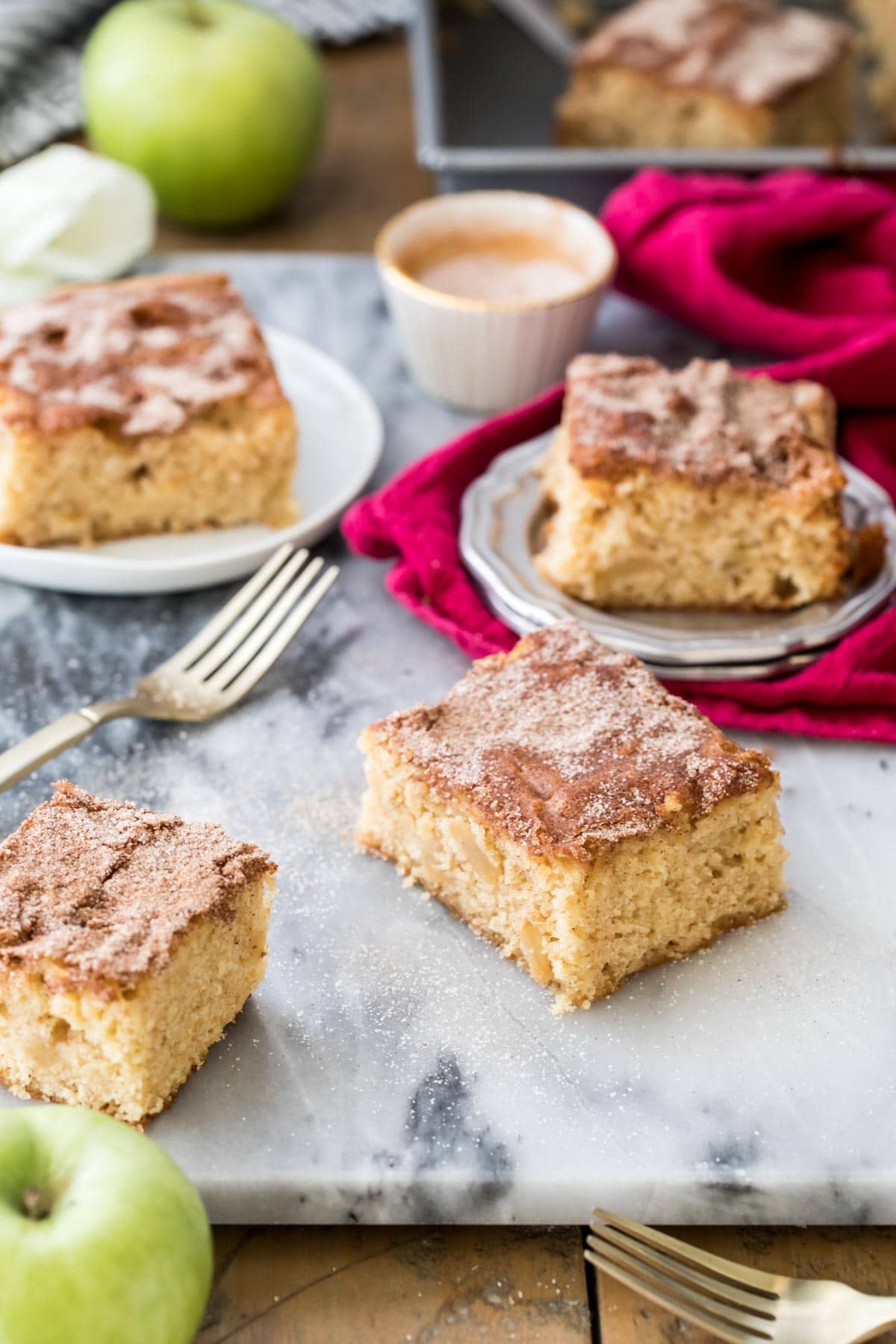 pieces of apple cake on marble