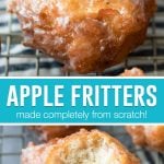 collage of apple fritters, top image of single fritter, bottom image of fritter with bite taken out