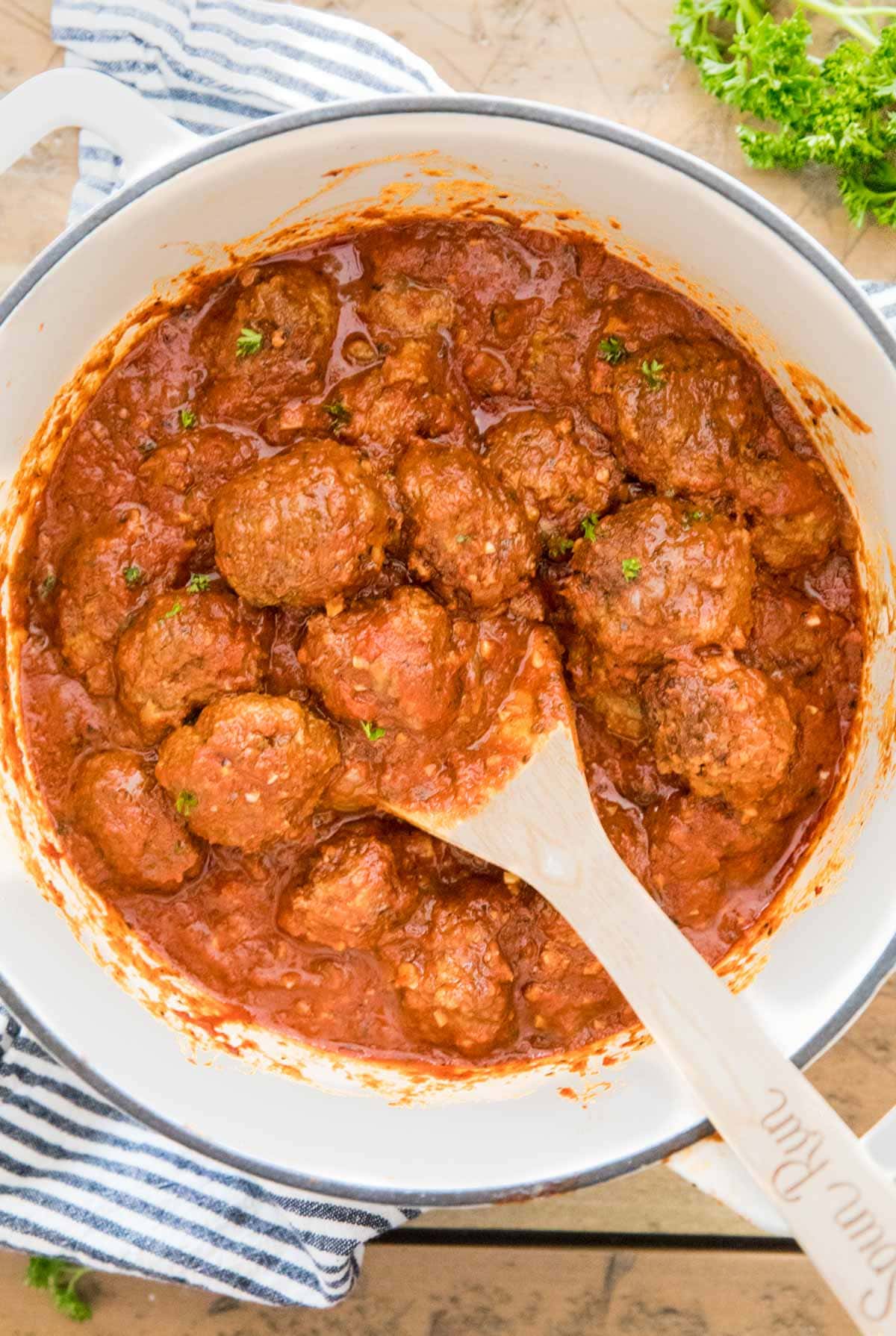 overhead of meatballs in pot