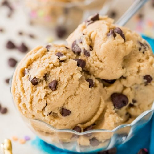 edible cookie dough in glass bowl with spoon