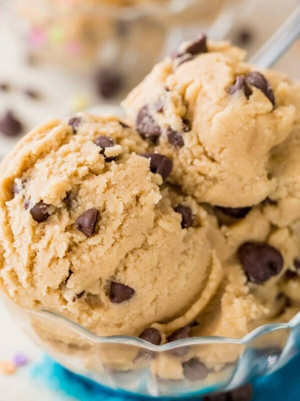 edible cookie dough in glass bowl with spoon