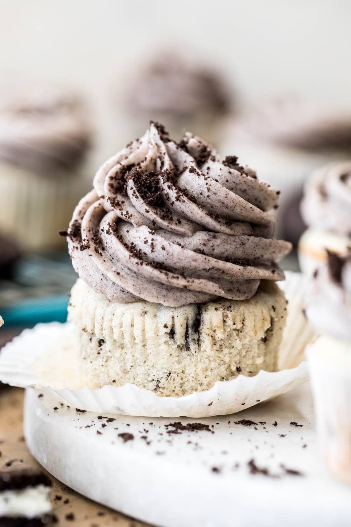 oreo cupcake with liner rolled down