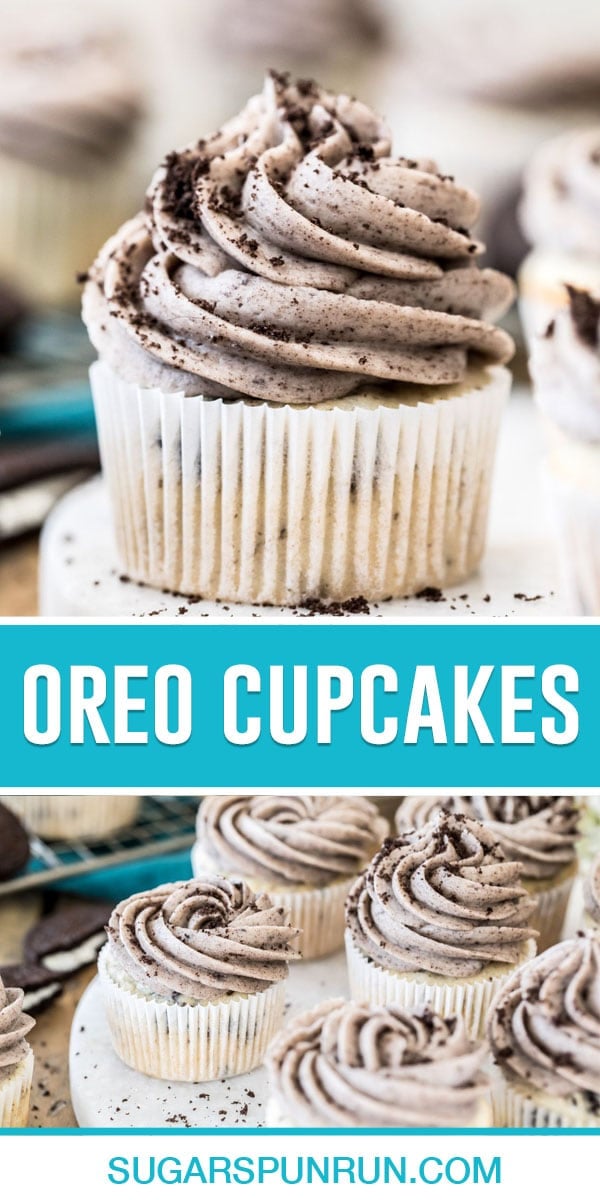 collage of oreo cupcakes, top single image of cupcake on white plate, bottom image of 6 cupcakes next to baking rack