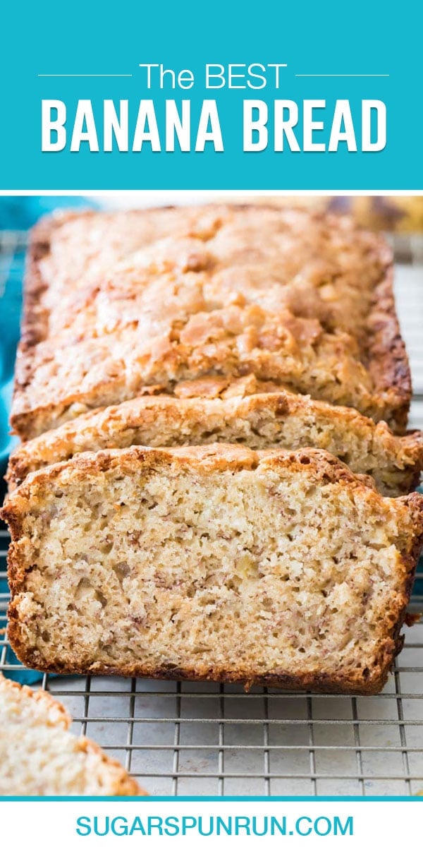 banana bread with teal header with title at the top