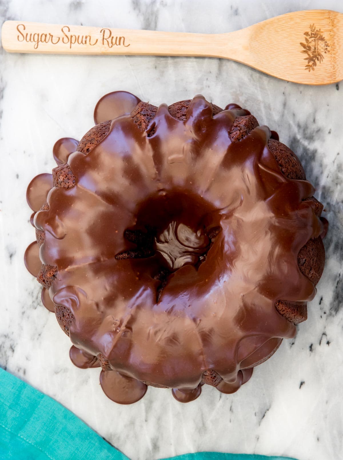 overhead of bundt cake with chocolate glaze