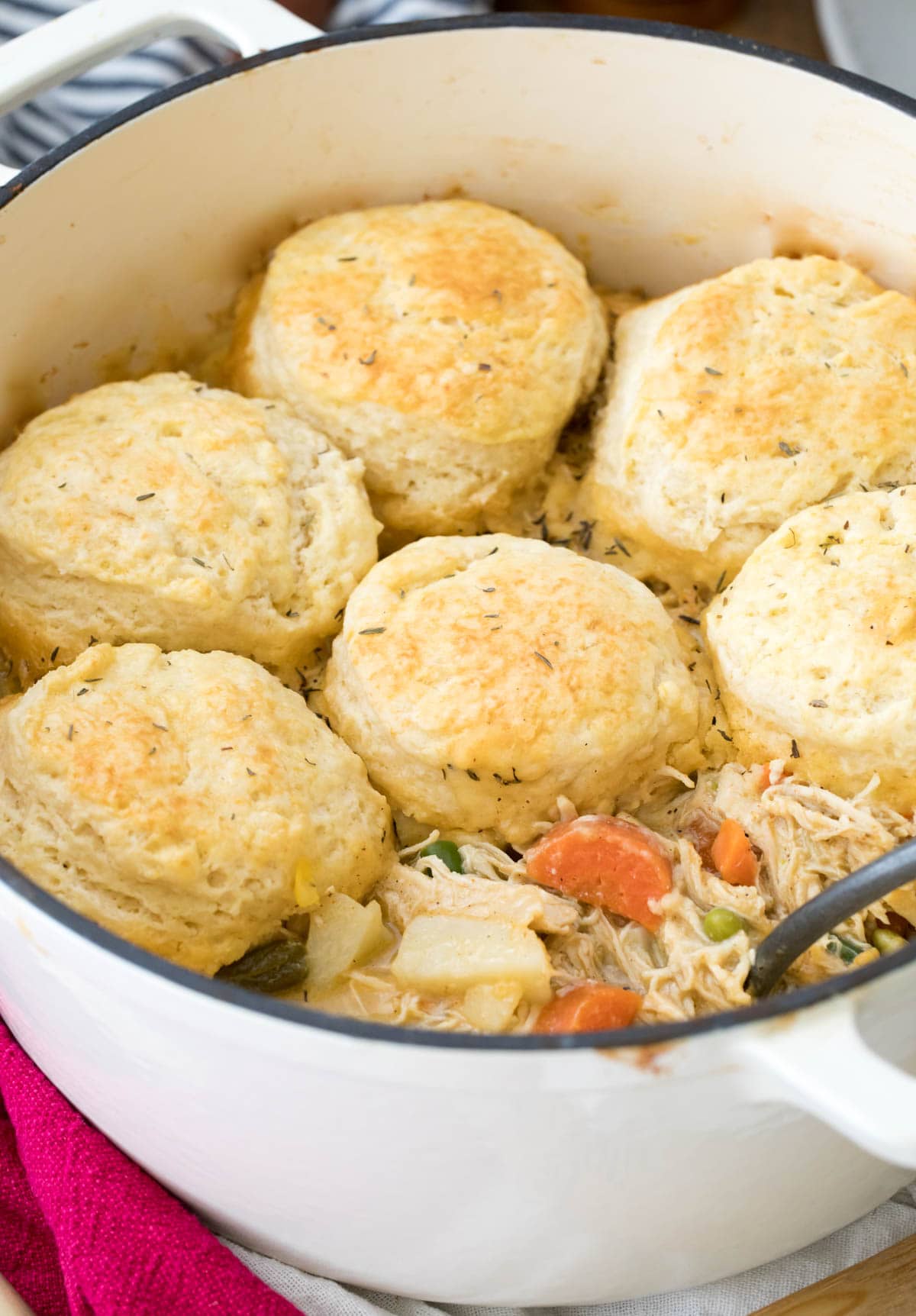 biscuits on top of pot of pot pie