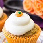 single image of pumpkin cupcakes with teal header bar with recipe title
