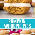 collage of pumpkin whoopie pies, top image of single whoopie pie with bite taken out, bottom image is of multiple whoopie pies