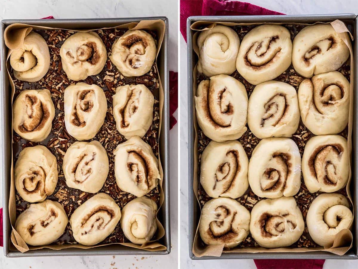 two images of sticky buns, one after cutting, one after rising