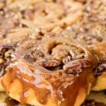 single image of sticky buns with teal header at top with recipe title