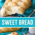 sweet bread collage, top image of loaf with piece torn out, bottom image single piece