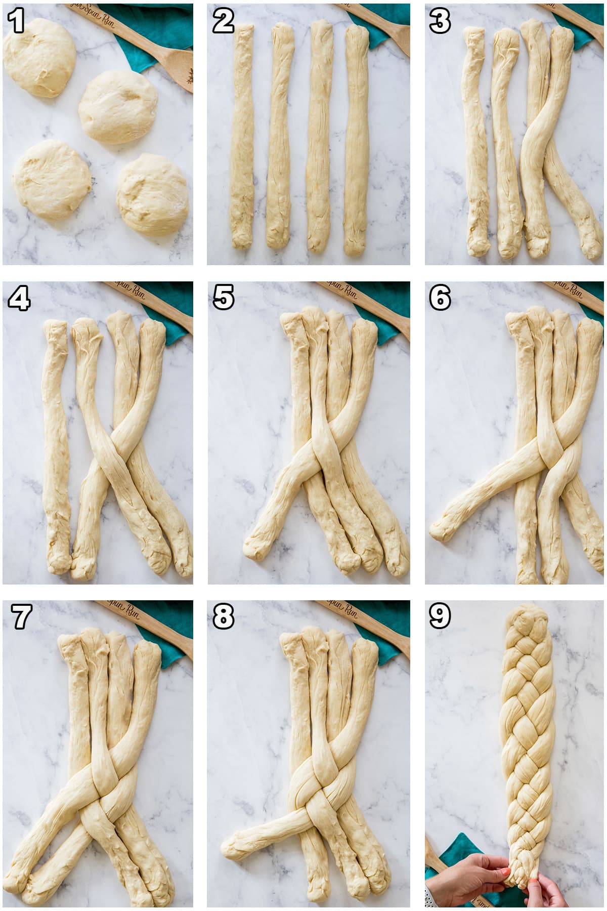 tutorial showing how to braid bread in 9 steps