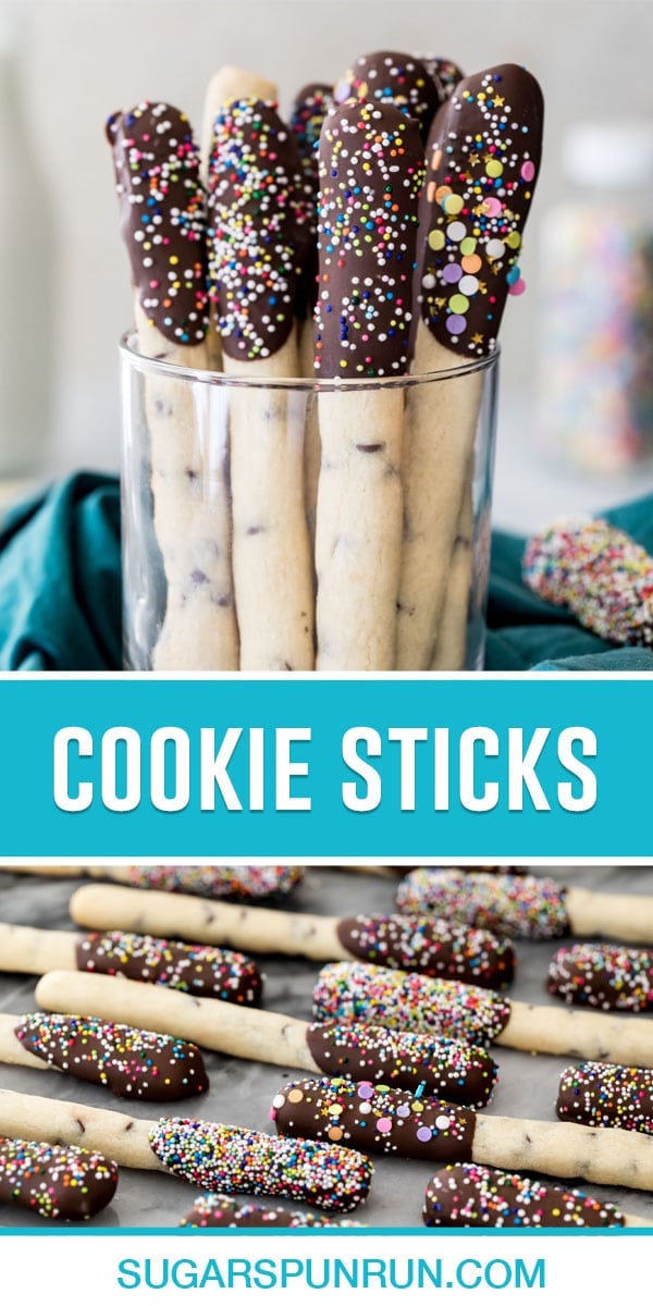 collage of cookie sticks, top image of multiple stick in clear glass, bottom image of sticks laying on marble slab