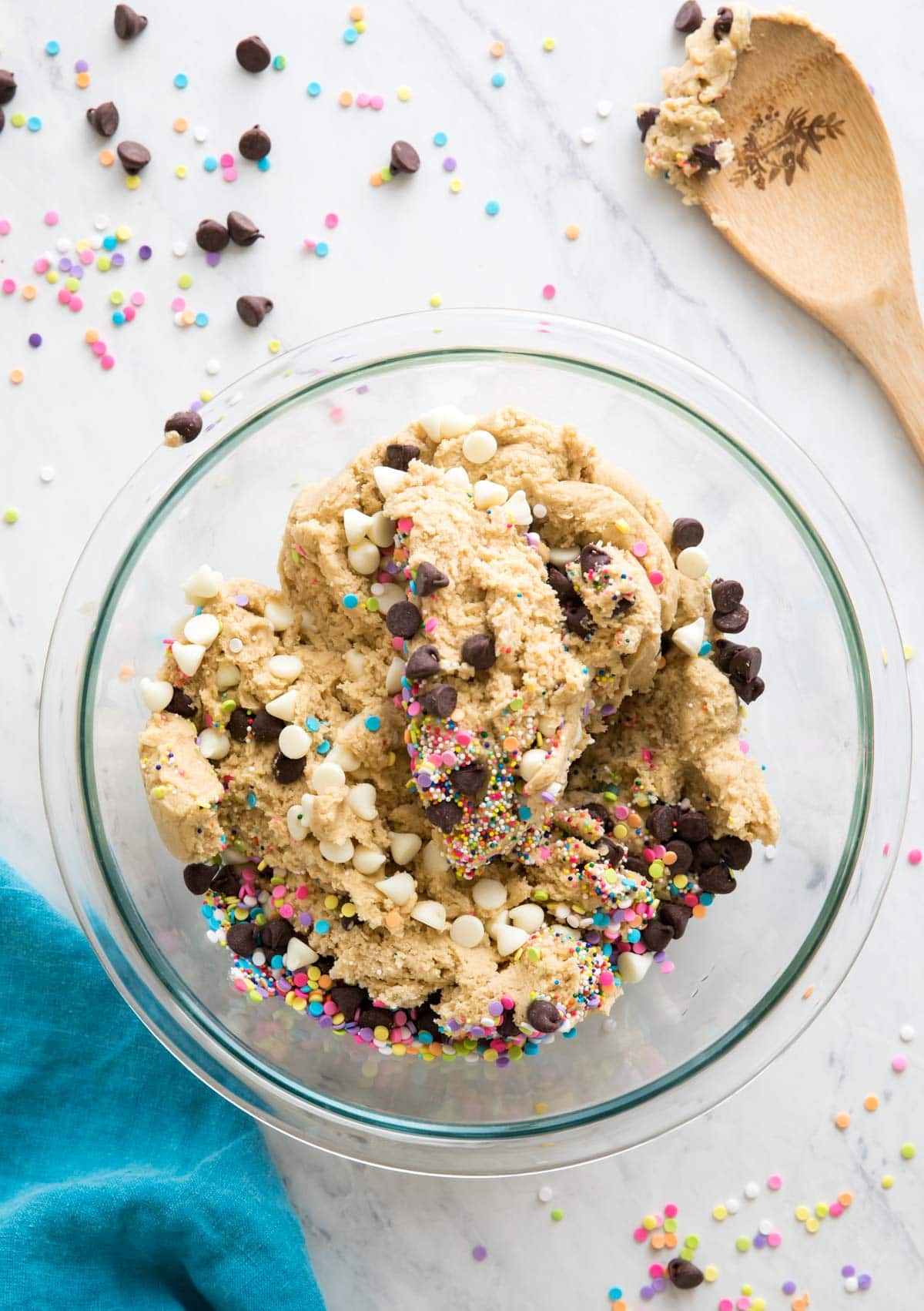 glass mixing bowl with cookie dough