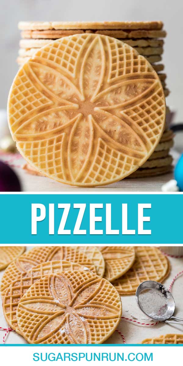 collage of pizzelle cookies, top image of cookies stacked, bottom spaced out on table