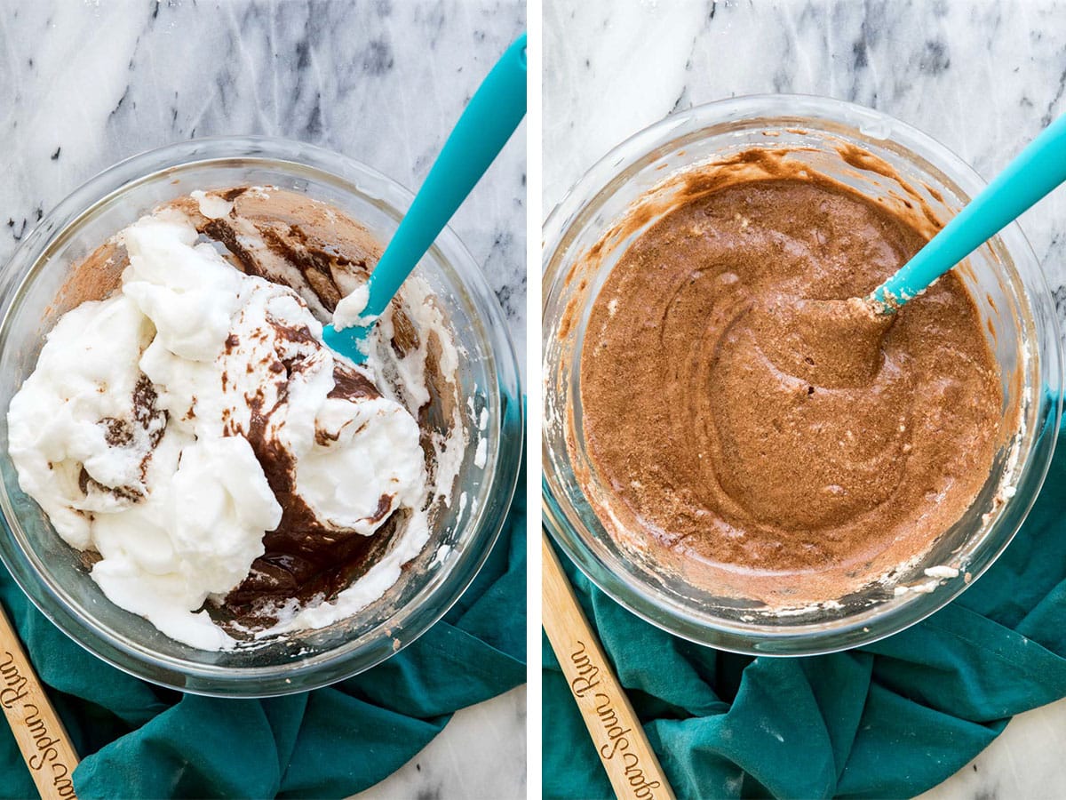 collage of two photos: 1) stirring chocolate mixture and stiff peaks together 2) smooth chocolate batter