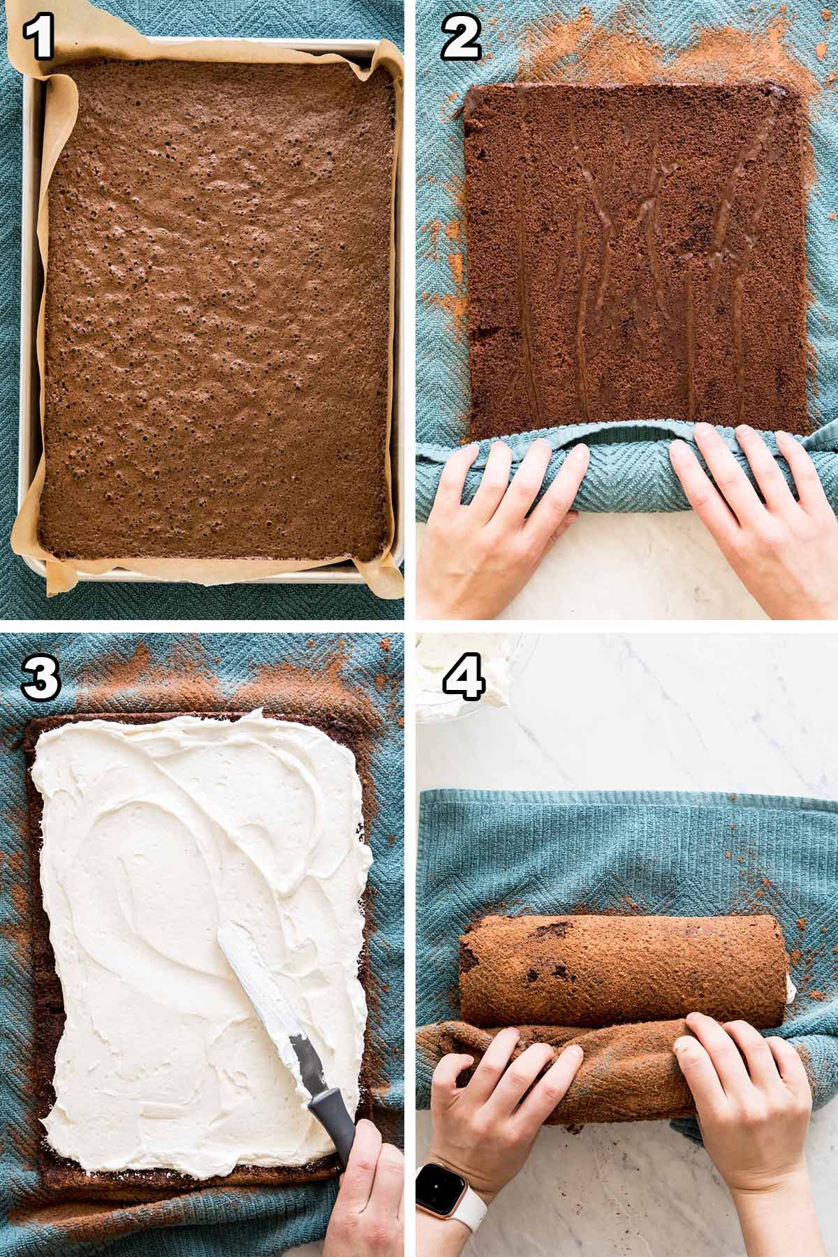 4 picture collage: 1) cake in pan 2) rolling cake 3) frosting cake 4) rolling cake again