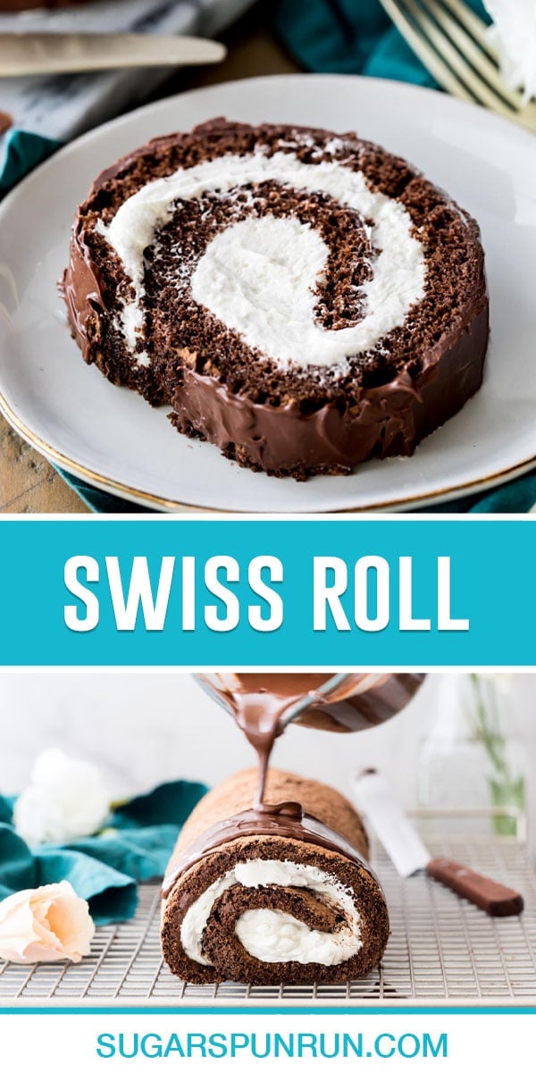 collage of swiss roll, top image is of slice on white plate, bottom image of full roll with chocolate being poured on top