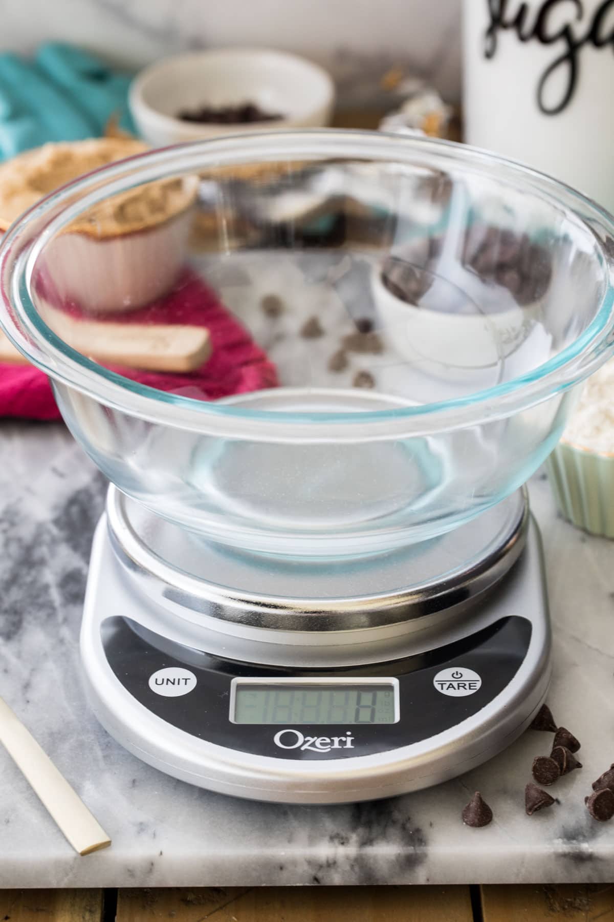 glass bowl on kitchen scale