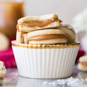 stack of alfajores in white cup