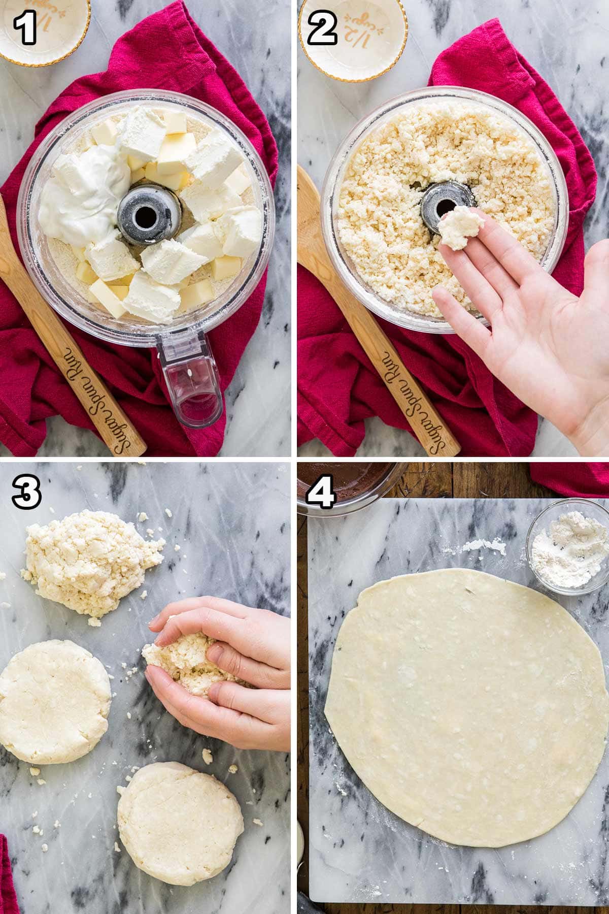 collage of preparing rugelach 1) ingredients in food processor 2) crumbly dough in hand 3) dividing dough into 4 pieces 4) dough rolled into circle