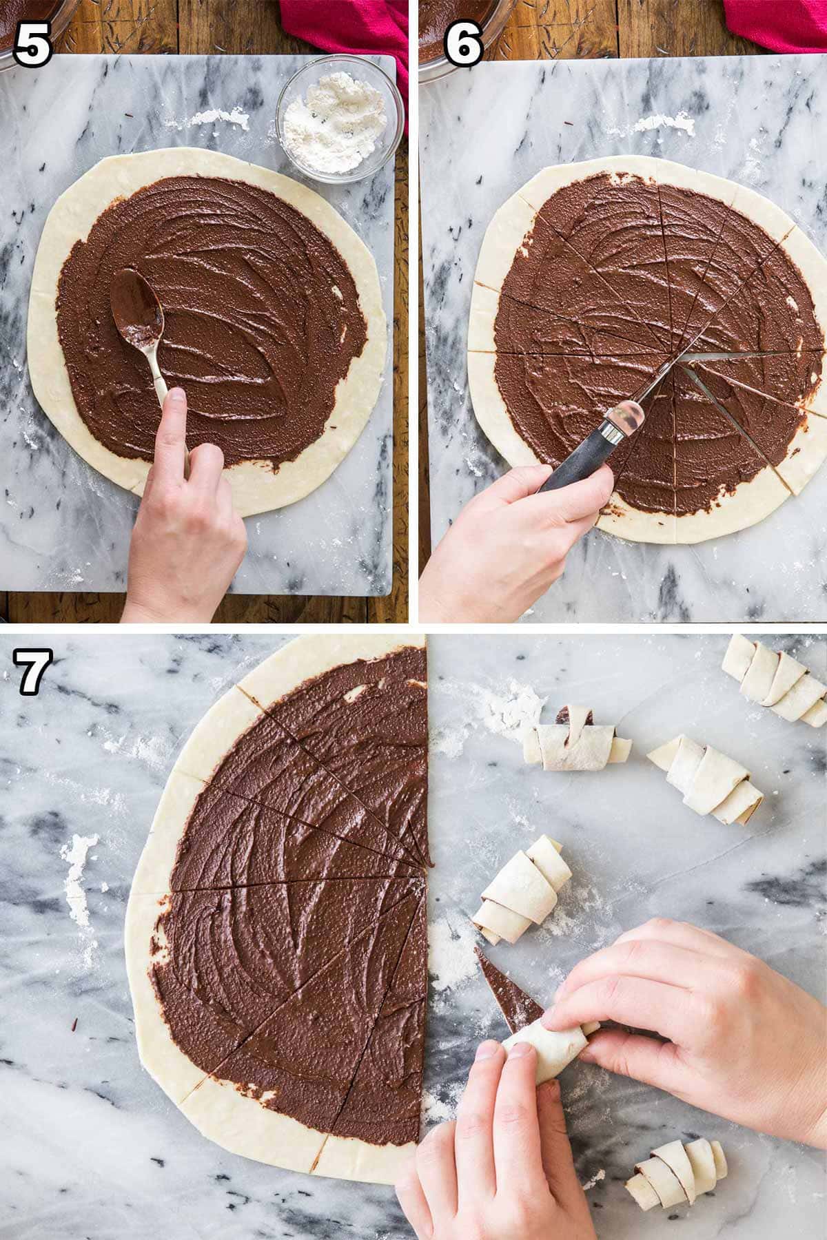 collage of assembling rugelach 5) spreading chocolate on dough 6) slicing into wedges 7) rolling into crescents