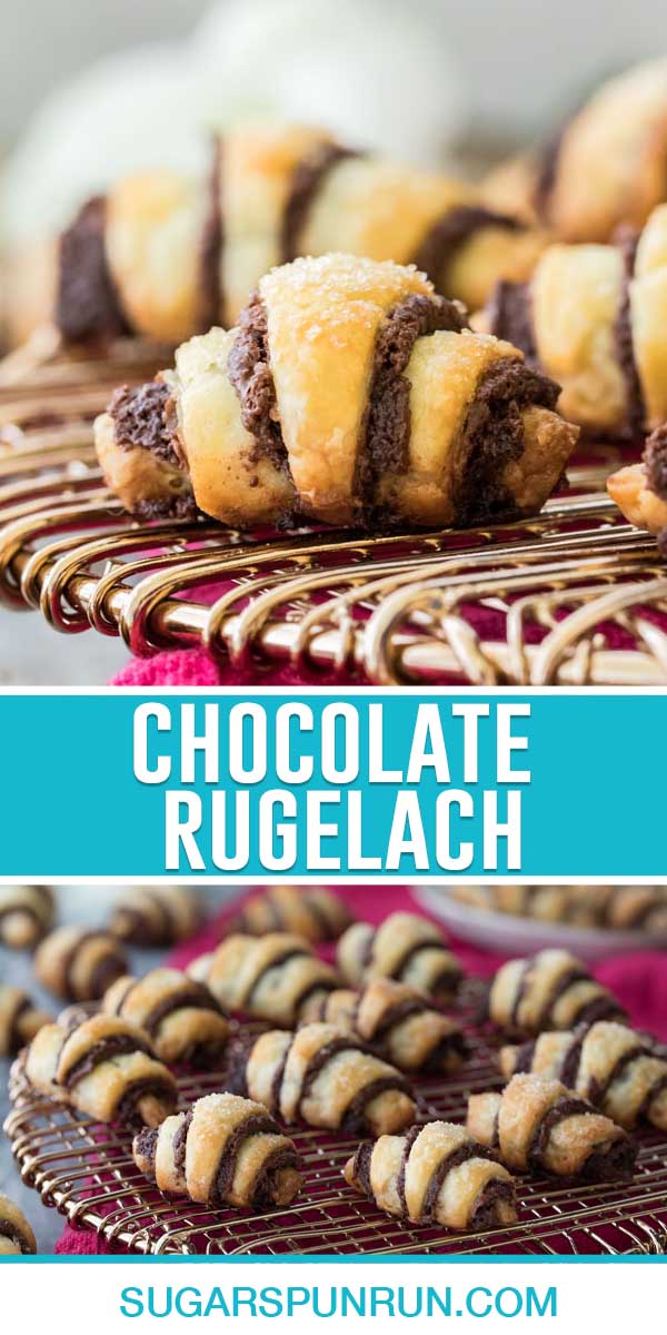collage of chocolate rugelach, top image is a close up of one cookie, bottom is of several cookies on wire rack