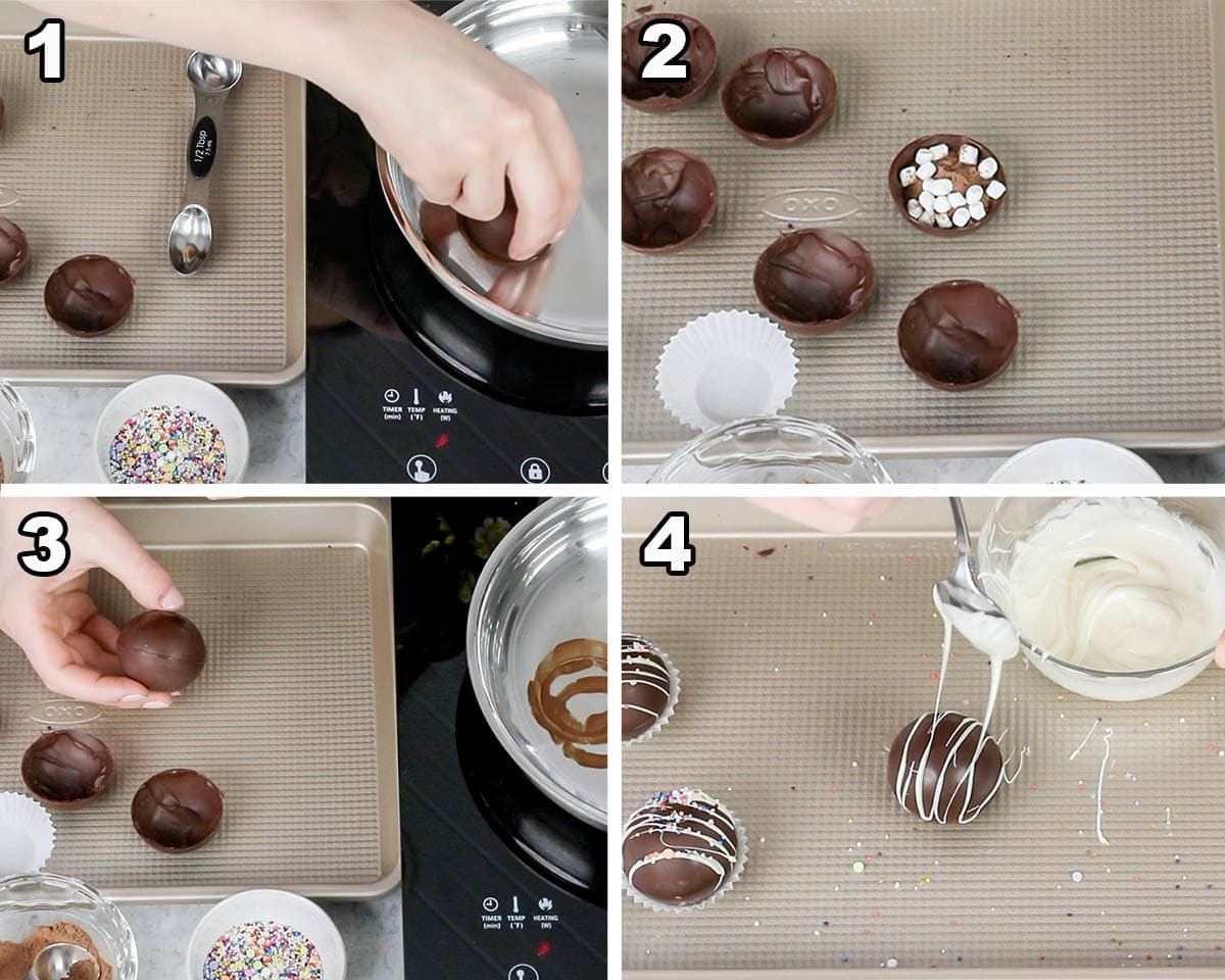 filling and assembling hot chocolate bombs collage