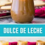 collage of dulce de leche, top image is of dulce de leche in jar with spoon