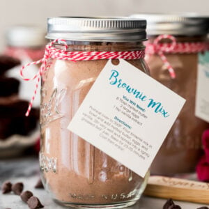 brownie mix in jar with blue instruction tag