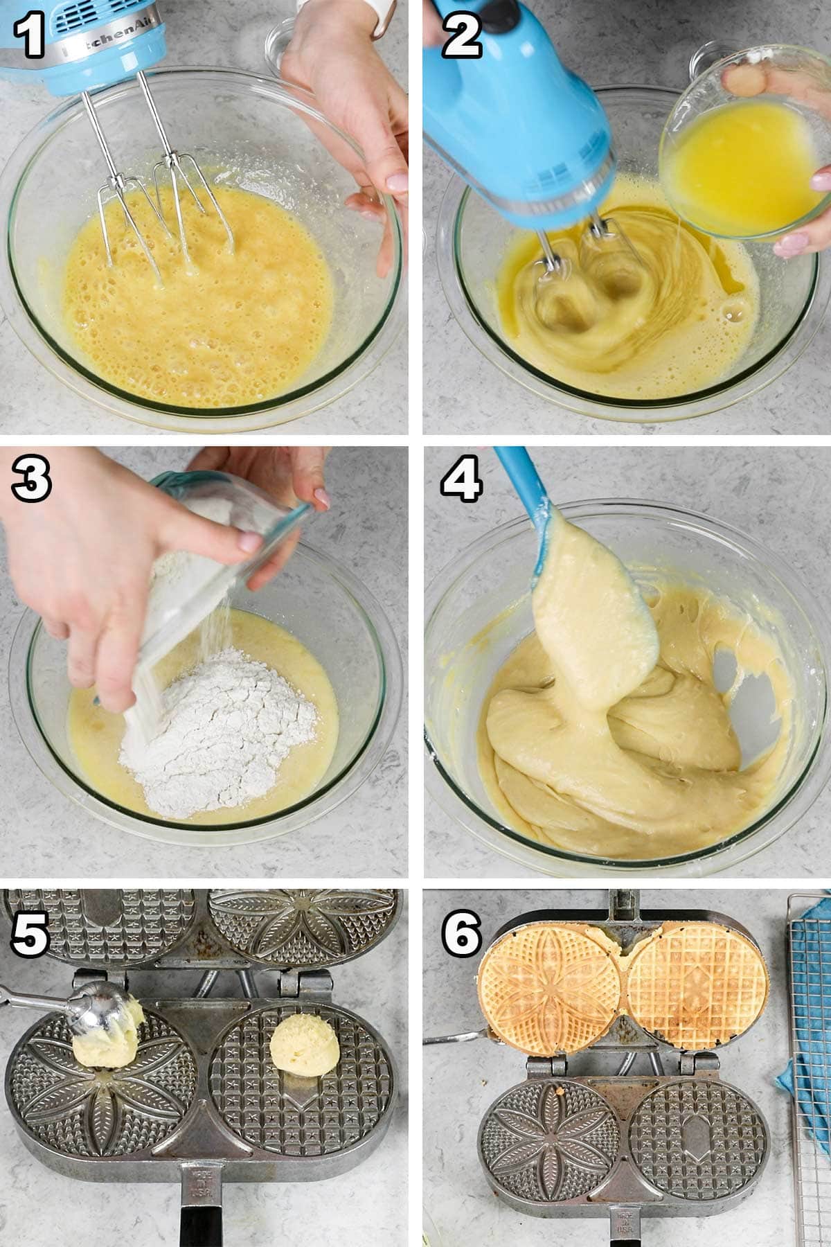 collage showing how to make pizzelle corresponding with numbered steps in post